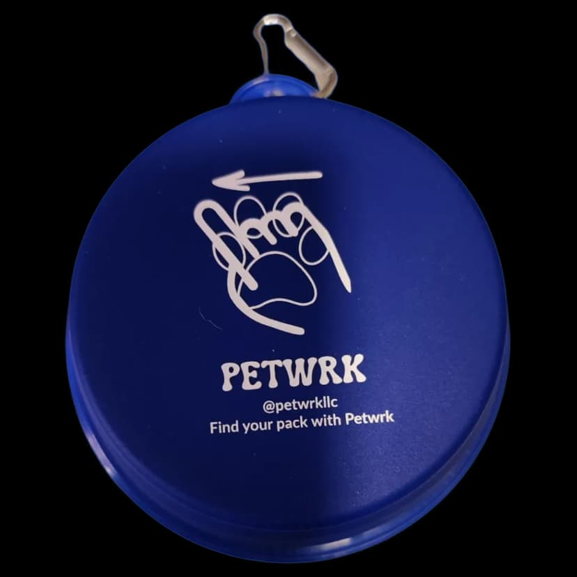 Blue Collapsible Silicone Pet Bowl with Petwrk branding and carabiner clip