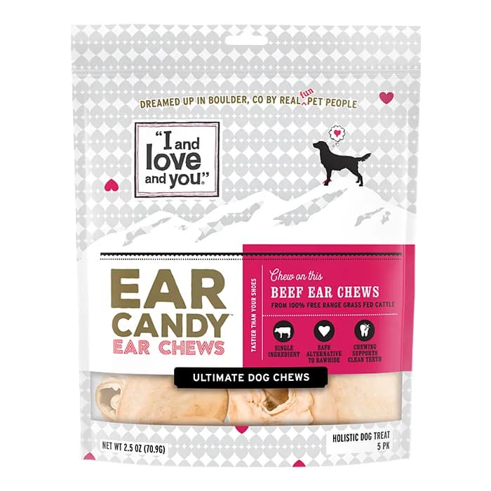 “I and love and you” Ear Candy beef ear chews bag
