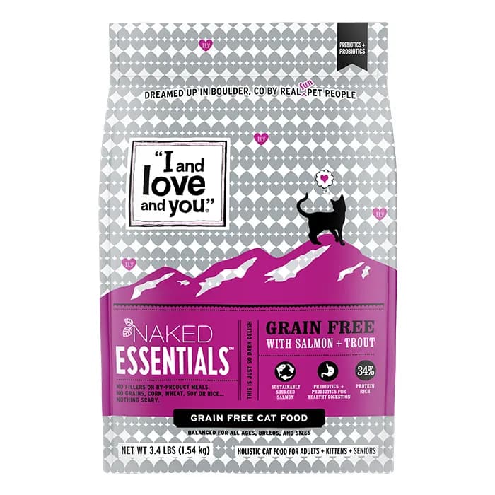 “I and love and you” Naked Essentials grain-free cat food bag