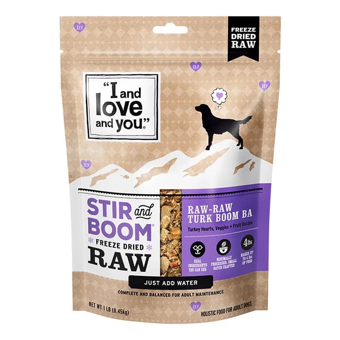 “I and love and you” Stir and Boom freeze-dried raw dog food bag