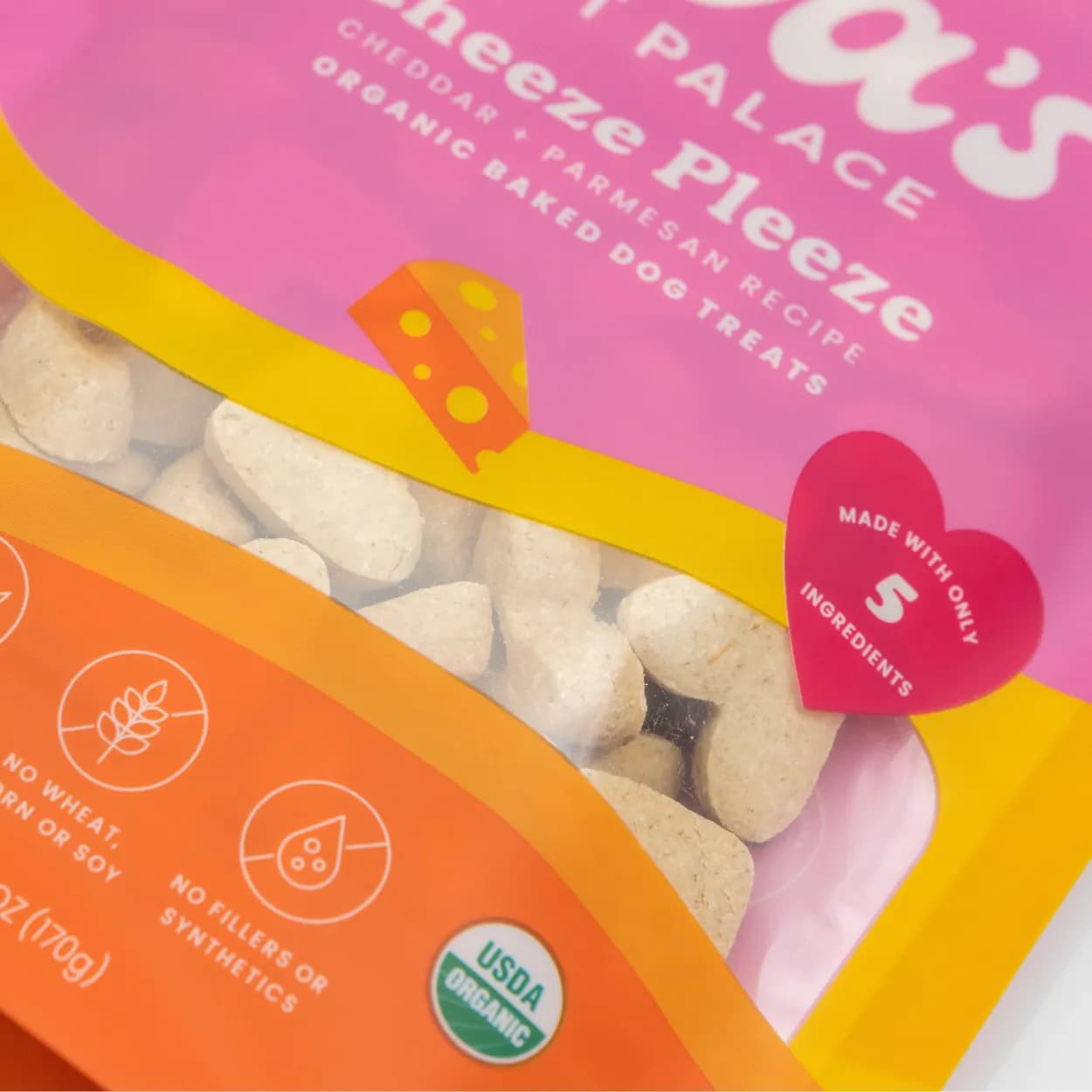 Close-up of a Cheeze Pleeze organic baked dog treats bag