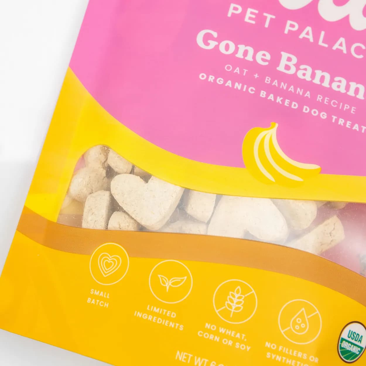 Close-up of a Gone Bananas organic baked dog treats bag