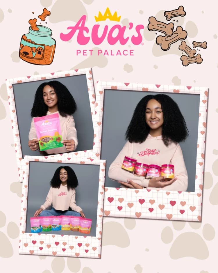 Ava, founder of Ava's Pet Palace, posing with her pet treats in a photo collage