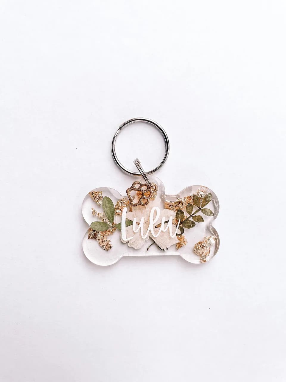 Personalized floral resin dog tag with pressed flowers and gold foil