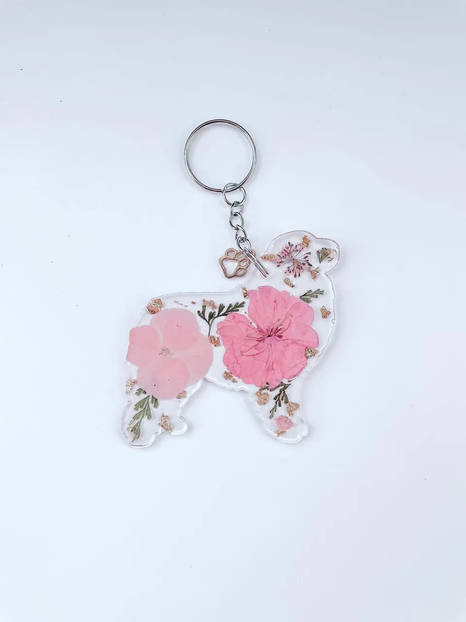 Floral Great Pyrenees resin keychain with pink pressed flowers