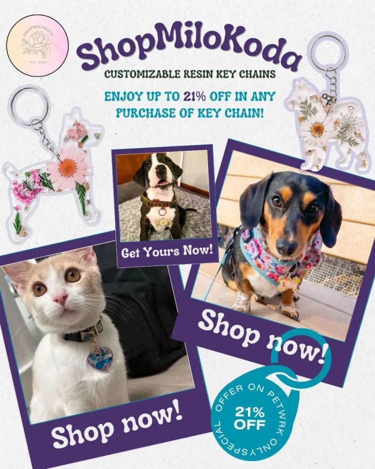 ShopMiloKoda promo — customizable resin keychains, up to 21% off for Petwrk members